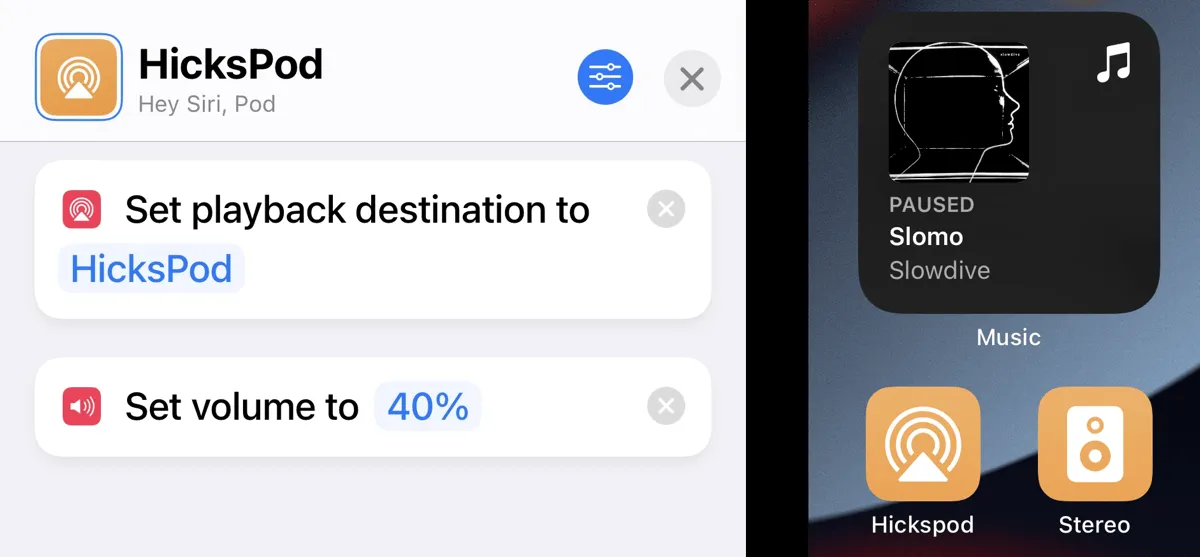 The shortcut shows two actions. First, Set Playback to Destination with the airplay speaker selected. Then the volume is set to 40%. The screenshot on the right shows the Apple Music player widget with the Home Screen shortcuts for the two airplay speakers underneath.