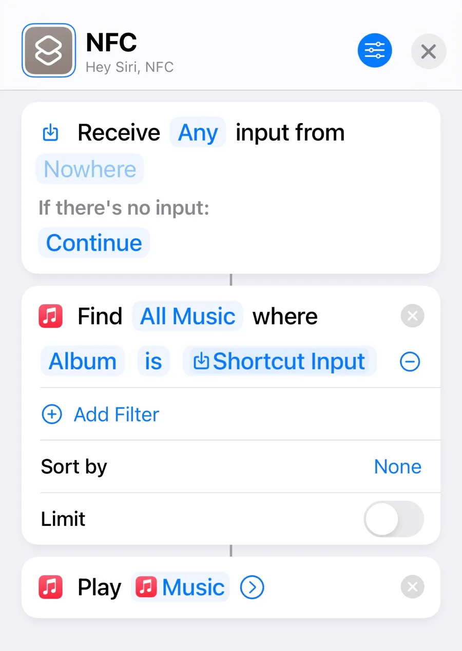 Step 1: Find All Music where: Album is Shortcut Input. Step 2: Play Music